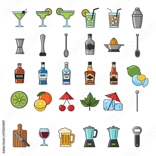 Collection of cocktail ingredients and tools, including glasses, liquors, mixers, and utensils.