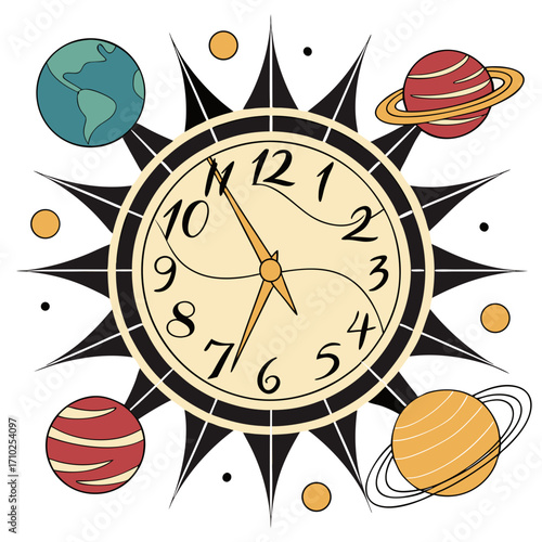 Whimsical clock face adorned with planets and stars representing the passage of time in the cosmos