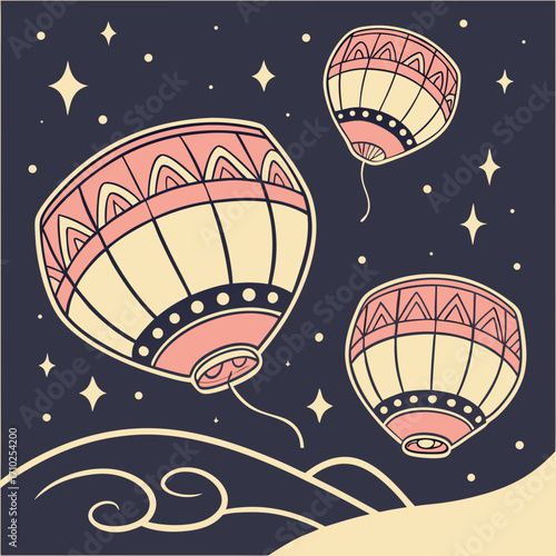 Whimsical hot air balloons float serenely across a starry night sky with gentle rolling hills below