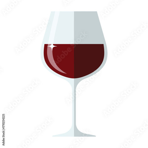 A glass of red wine, half full, on white background.