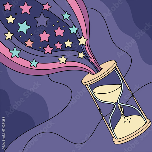 Whimsical hourglass spilling colorful stars and flowing ribbons against a dreamy purple wavy background