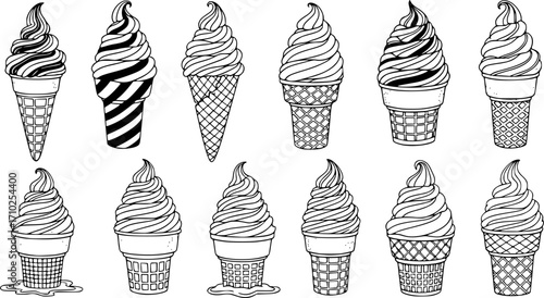 Vector hand-drawn ice cream cones with soft serve swirls in various orientations for design and illustration projects

