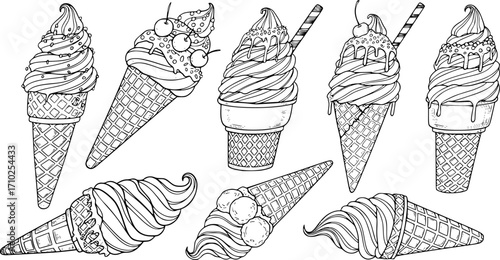 Vector hand-drawn ice cream cones with soft serve swirls in various orientations for design and illustration projects
