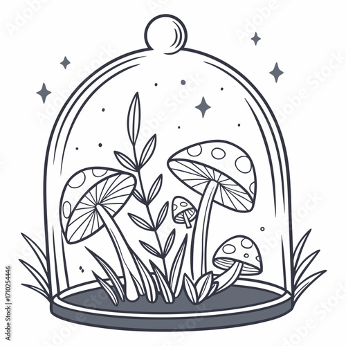 Whimsical illustration of magical mushrooms and plants growing inside a clear glass dome with sparkling stars