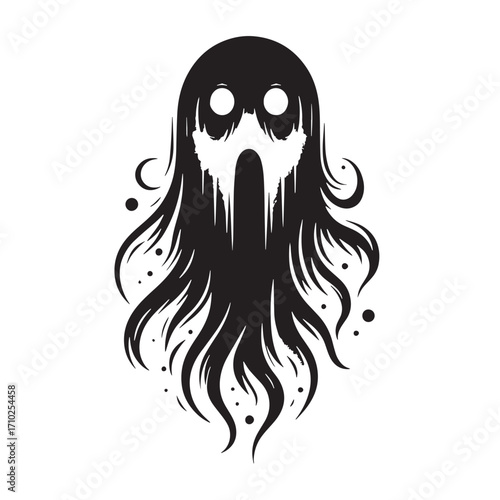 Black Spooky Ghost Face Silhouette Vector Illustration design, Solid White Background