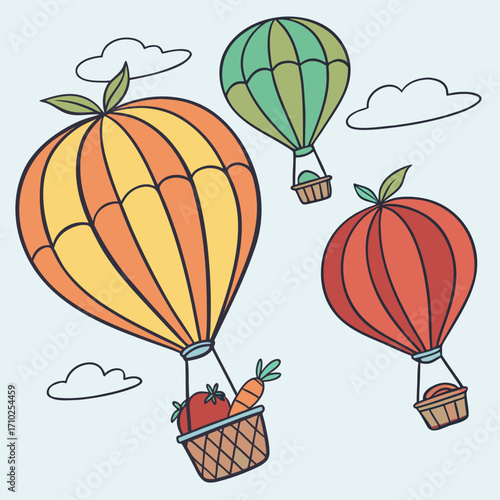 Whimsical illustration of three colorful hot air balloons carrying baskets of fresh produce and vegetables floating in a light blue sky with clouds