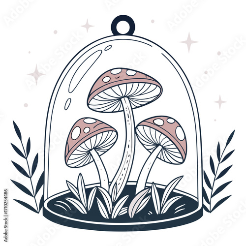 Whimsical illustration of three pink and white spotted mushrooms growing inside a glass dome with celestial stars and foliage accents