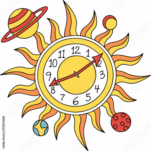 Whimsical sun clock with planets and rings illustrates cosmic timekeeping and celestial wonder