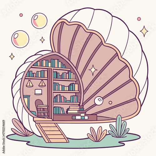Whimsical seashell library interior with bookshelves and a desk inside a giant open clam shell