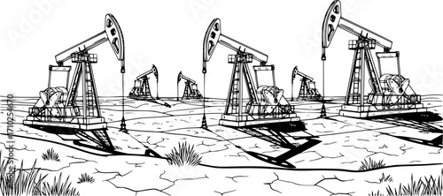 Hand drawn vector illustrations of oil pumps operating at different angles in a barren landscape during the day

