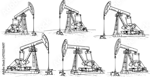Hand drawn vector illustrations of oil pumps operating at different angles in a barren landscape during the day
