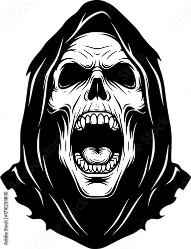 Grim Reaper with Open Mouth Screaming and Showing Teeth, Black and White Vector Illustration
