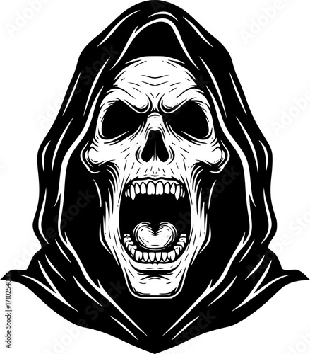 Grim Reaper with Open Mouth Screaming and Showing Teeth, Black and White Vector Illustration
