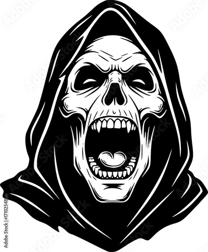 Grim Reaper with Open Mouth Screaming and Showing Teeth, Black and White Vector Illustration
