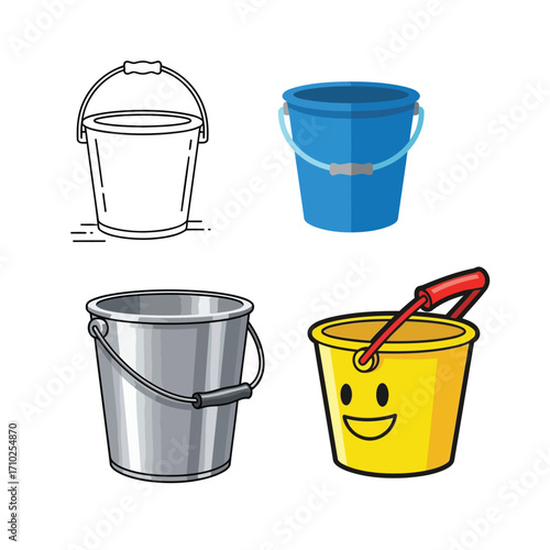 A collection of four vector illustrations of buckets in different styles: line art, flat blue, realistic metal, and a yellow cartoon toy.