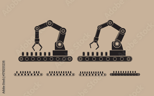 Industrial robotic arms on conveyor belts with products