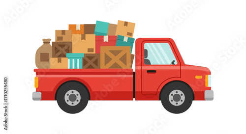 Red Pickup Truck Filled with Cardboard Boxes, Moving Concept Vector Illustration