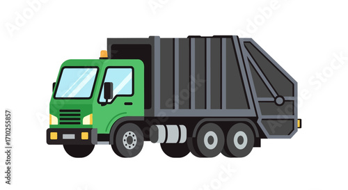 Green Cartoon Garbage Truck Illustration on White Background