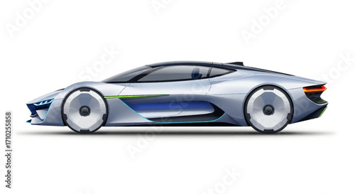 Sleek Silver Futuristic Concept Car Isolated on White Background