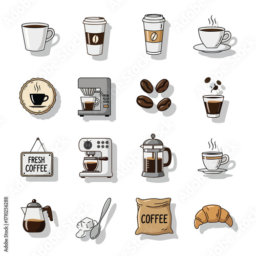 Collection of various coffee-related illustrations, including cups, beans, and brewing equipment.