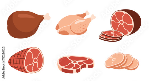 Selection of assorted raw and cooked meats including chicken ham and steak.