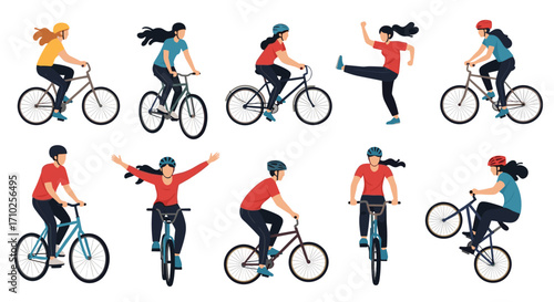 Diverse group of people cycling in various poses and styles.