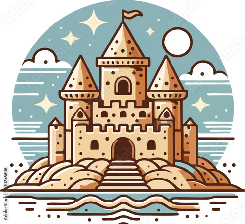 Whimsical Magic Sand Castle Vector on Island Night – Fairytale Cartoon Art with Stars and Moon