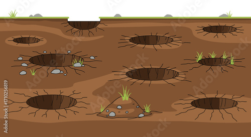 Diverse soil excavation patterns with varying depths and contents.