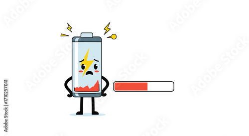 A Sad Battery Character Shows Low Charge Progress Bar. .