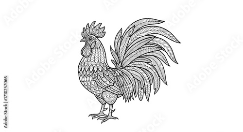 A decorative illustration of a rooster with intricate details and a flowing tail.