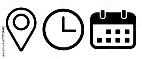 Minimalist Clock, calendar, and location pin or Event icon set. Ideal for interface, schedule, travel, event, time, and navigation related design vector illustration.