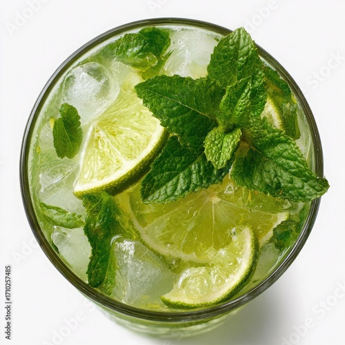 Close-up Overhead View of a Lime and Mint Mojito cocktail