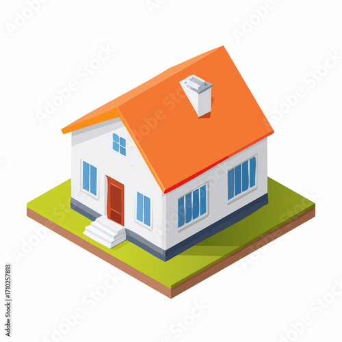 Isometric illustration of a small house with an orange roof and white walls.