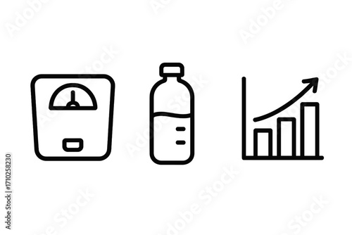 Weight loss journey and diet progress vector icon set. Health and fitness concept with scale, water bottle for hydration, and growth chart showing success. Healthy lifestyle icons.