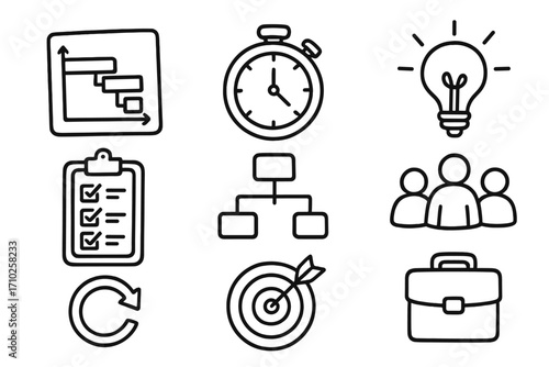 Business project management icon set. Vector line art collection. Gantt chart, timeline, idea, checklist, team, workflow, goal. Concept for strategy, efficiency, planning.