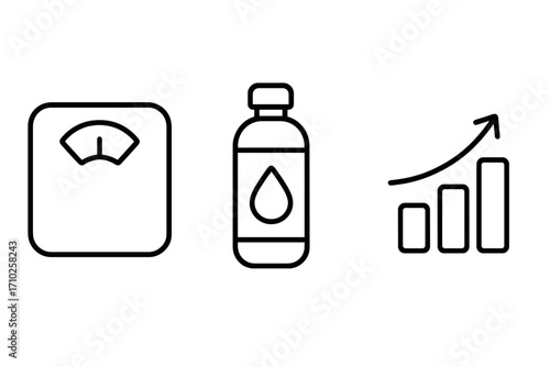 Health and fitness vector line icon set. Concepts of weight management, diet, hydration, and progress tracking. Scale, water bottle, and growth chart for a healthy lifestyle.