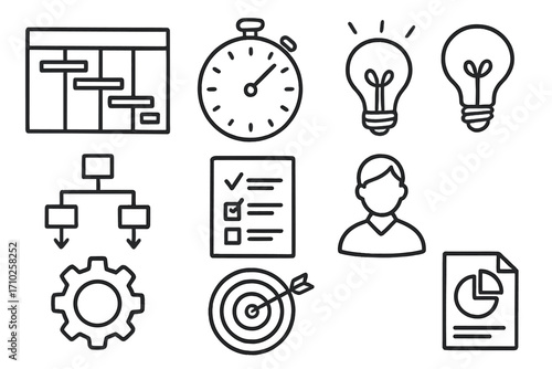 Project management icon set. Business strategy & productivity symbols. Vector line art. Gantt chart, timeline, idea, goal, report, checklist, workflow, process, user.