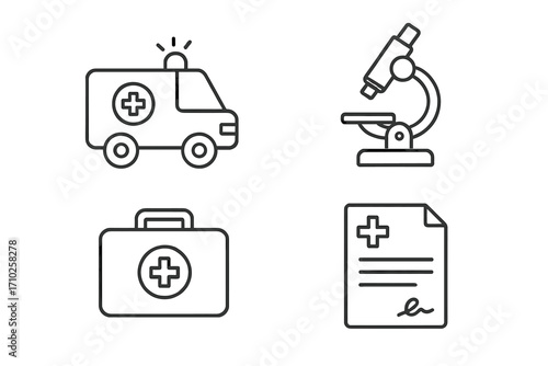 Medical icon set. Ambulance, microscope, first aid kit, prescription. Healthcare concept. Emergency, medicine, hospital, clinic, science, research, diagnosis icons. Thin line vector.
