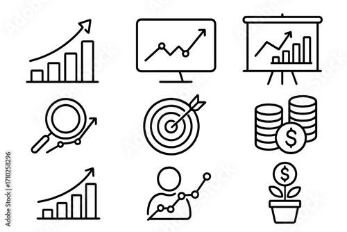 Data analytics and finance growth vector icon set. Linear symbols for business report, investment return, marketing strategy, performance analysis and achieving profit goals.