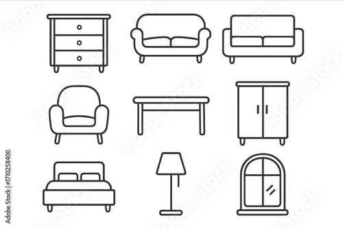 Furniture line icon set. Home interior design elements. Minimalist vector symbols for web, apps. Couch, sofa, armchair, bed, table, lamp, dresser, window. Editable stroke.