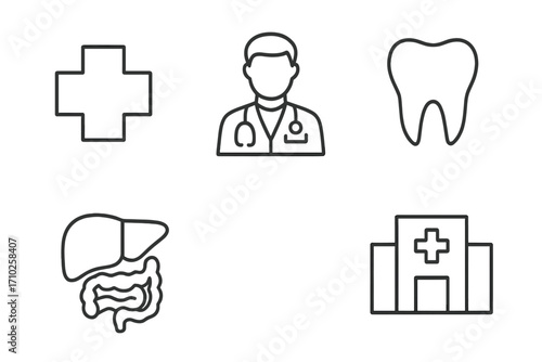Medical line icon set. Doctor, hospital, dentist tooth, internal organs, cross symbol. Healthcare linear pictogram collection. Editable stroke vector for web and app design.