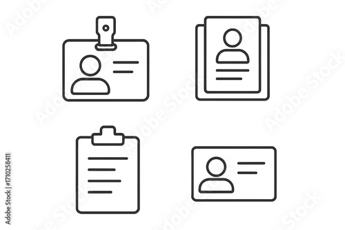 Set of business line icons. Employee badge, ID card, personal data, clipboard. Simple vector illustration for identification concept. Minimal outline pictogram with editable stroke.
