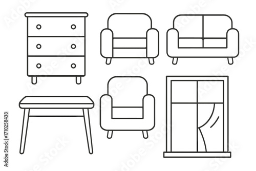 Furniture line icon set with editable stroke. Home interior design elements. Vector symbols of a dresser, couch, armchair, table, window for web design, app, UI and UX.