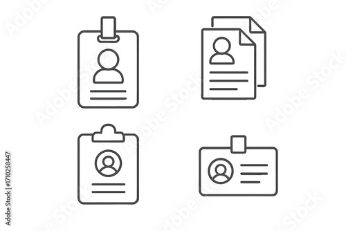 ID card line icon set. Employee badge, resume, CV, and clipboard vector pictograms. Minimalist symbols for personal profile, identification, and HR documents. Editable stroke.