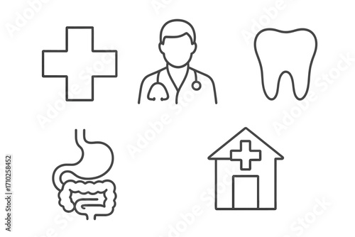 Medical and healthcare line icon set. Collection of minimalist pictograms including doctor, clinic, tooth, internal organs, and cross. Editable stroke vector for web design.