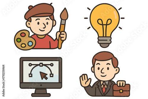 Vector icon set of creative professions. Cartoon artist, graphic designer, and businessman characters. Metaphor for idea, creativity, career, and work. Professional people illustration.