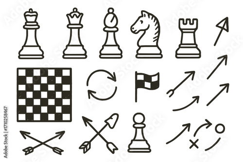 Hand-drawn chess doodles icon set. Classic pieces like king, queen, knight, and board. Strategy and tactics elements with arrows. Vector cartoon game illustration.