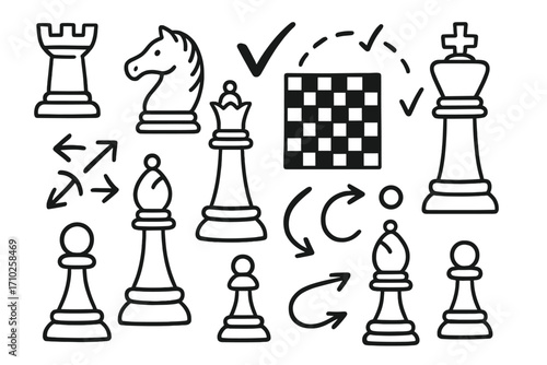 Chess game strategy concept. Hand drawn doodle icons. Set of chess pieces king, queen, bishop, knight, rook, pawn. Logic and tactics metaphor. Vector line art illustration.