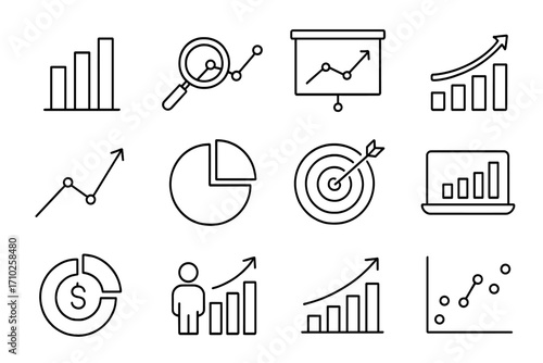 Analytics and data analysis line icon set. Business intelligence, statistics, big data. Vector icons for chart, graph, report, finance, marketing, diagram, success, growth.