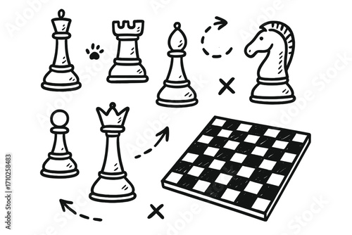 Hand-drawn chess doodle set. Vector icons of game pieces like king, queen, and knight. Includes chessboard and strategy elements for illustrating tactics and moves.